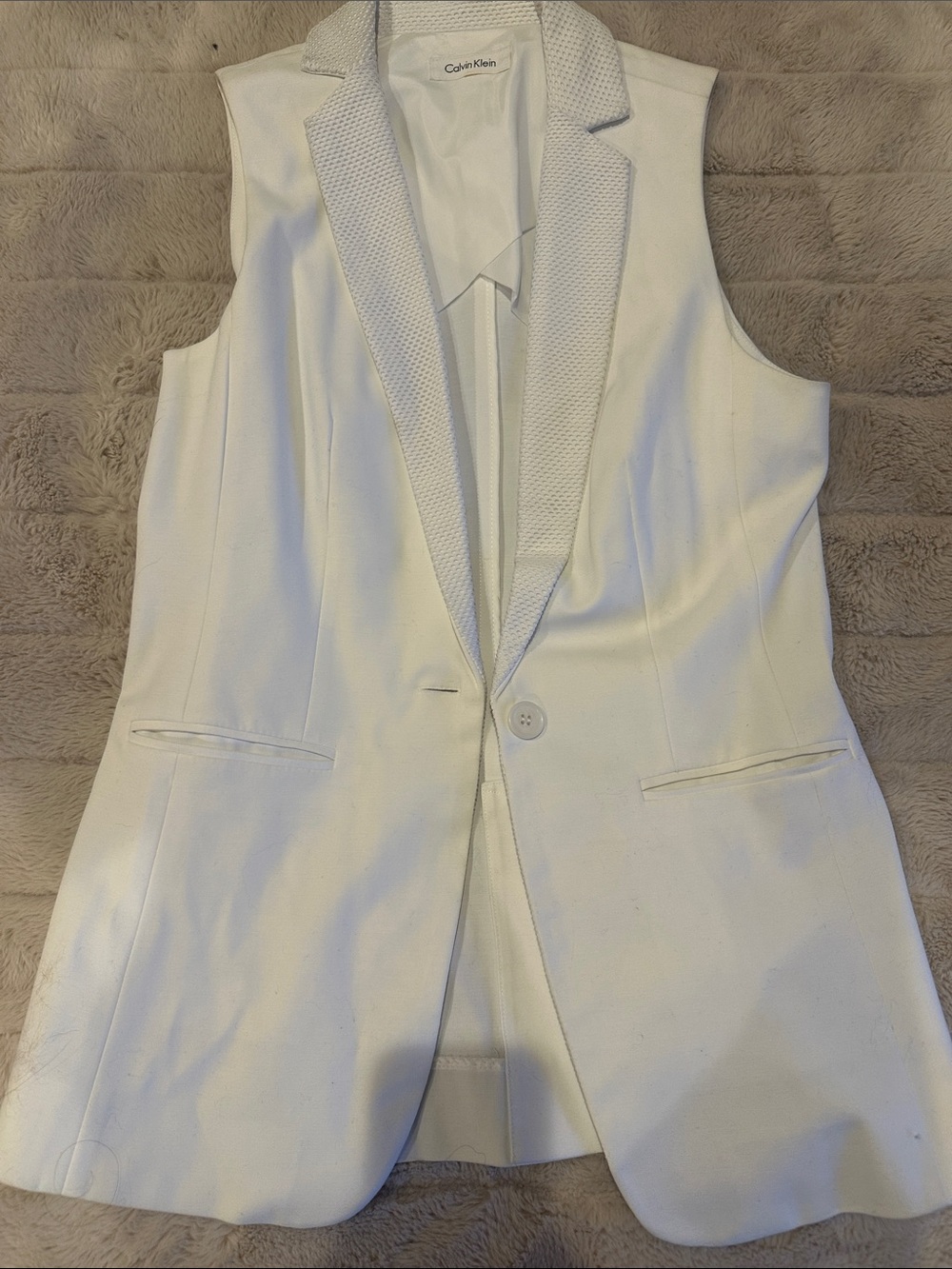 Calvin Klein White Sleeveless Blazer Vest with Textured Lapel